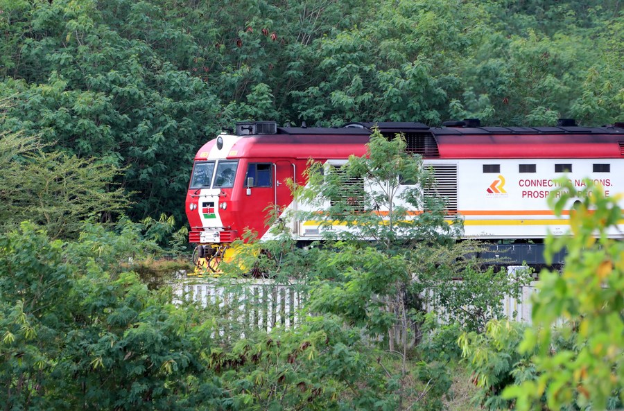 A freight train runs on the Mombasa-Nairobi Railway track in Mombasa, Kenya, on July 27, 2022. (Xinhua/Dong Jianghui)